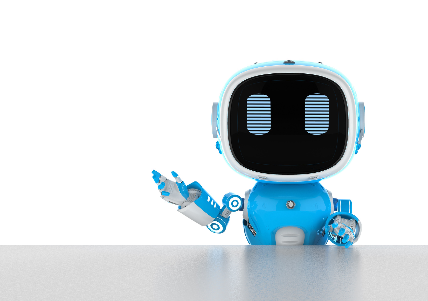 Blue robotic assistant or artificial intelligence robot sit behi